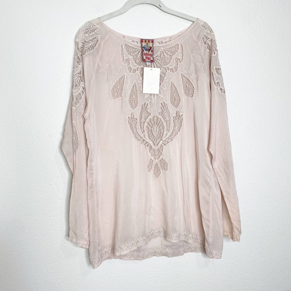 johnny was blush pink embroidered long sleeve silk blouse size small